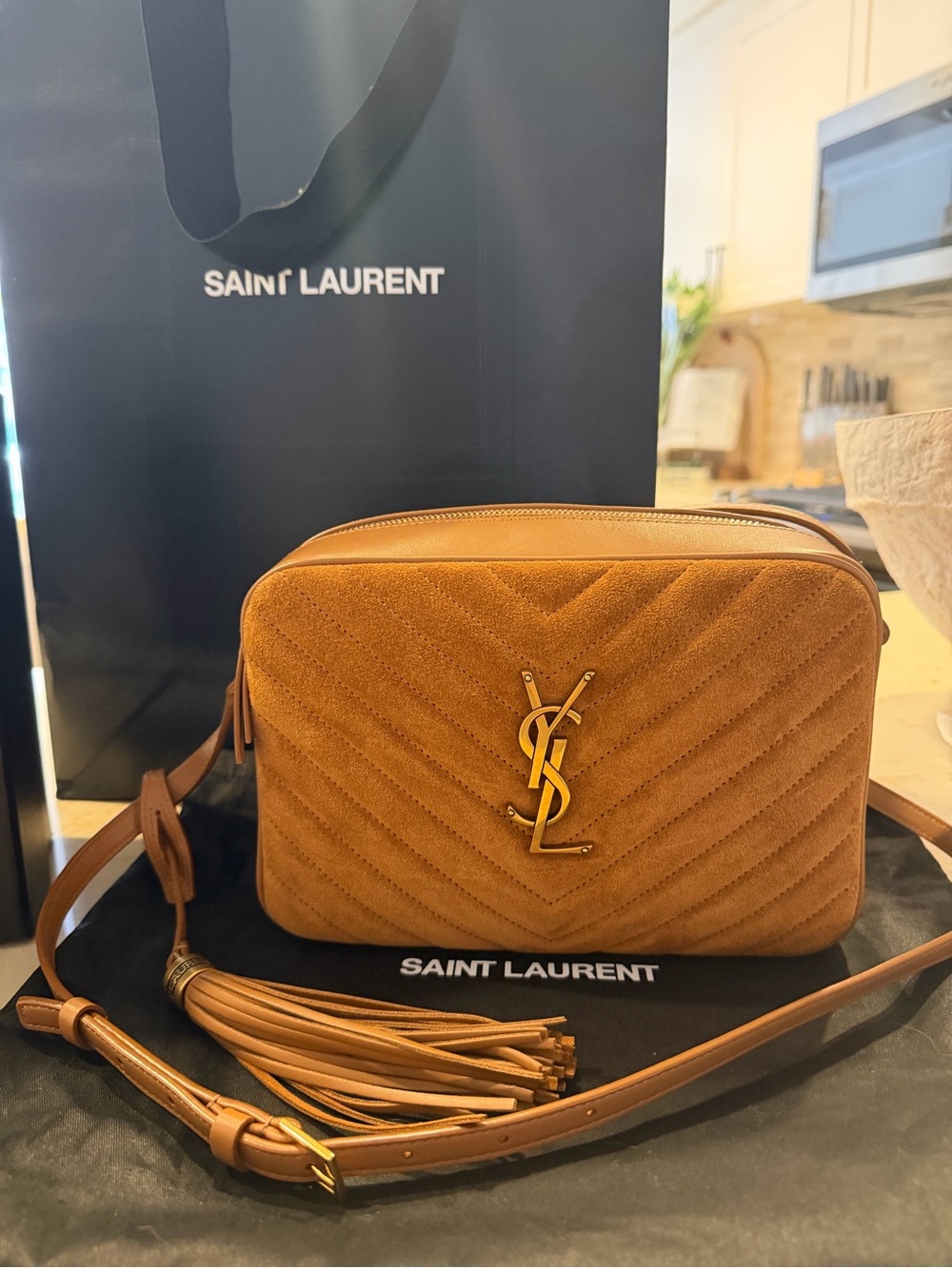 Saint Laurent YSL Lou Camera Bag in Quilted Suede and Smooth Leather - Cinnamon